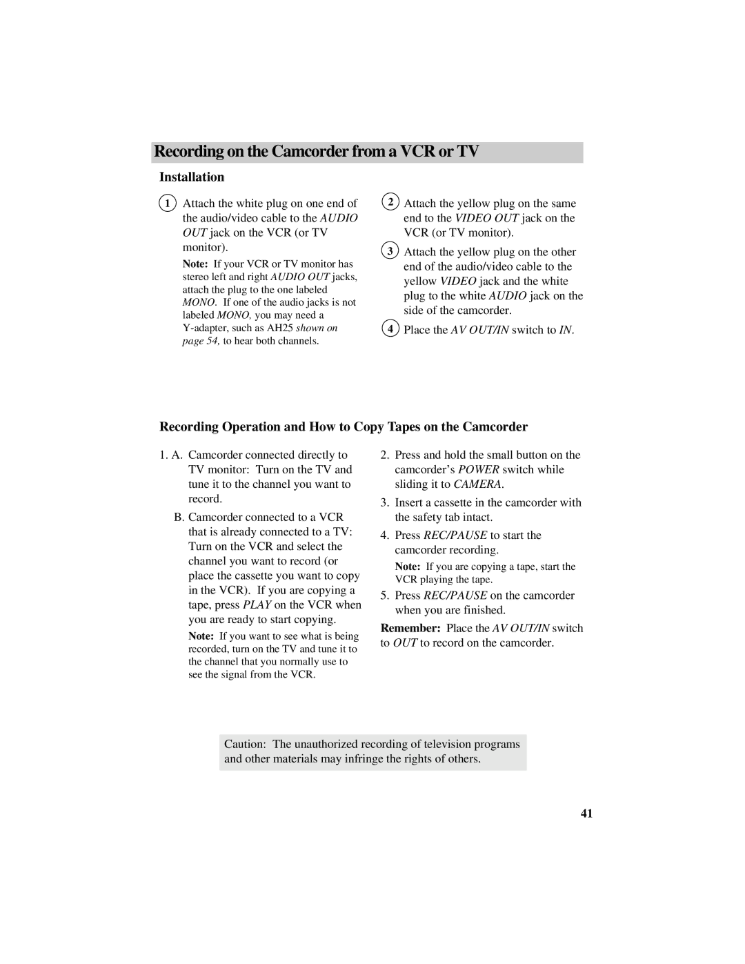 RCA CC632 manual Recording on the Camcorder from a VCR or TV, Installation 