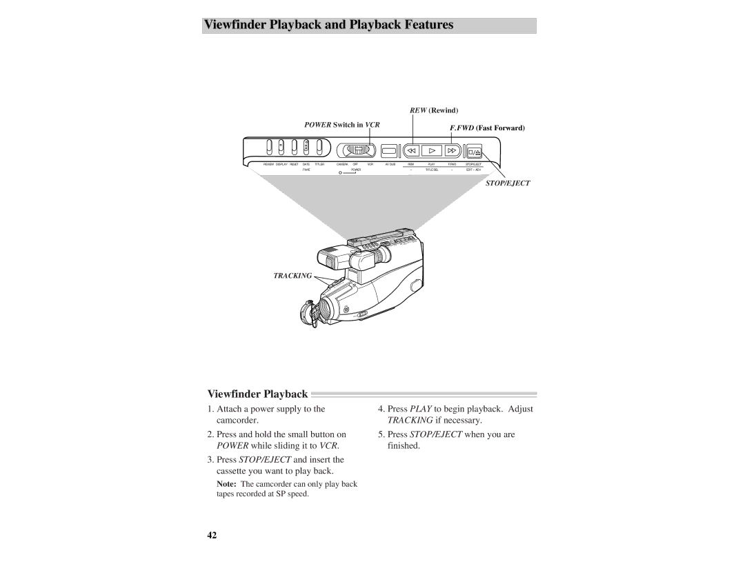 RCA CC632 manual Viewfinder Playback and Playback Features 