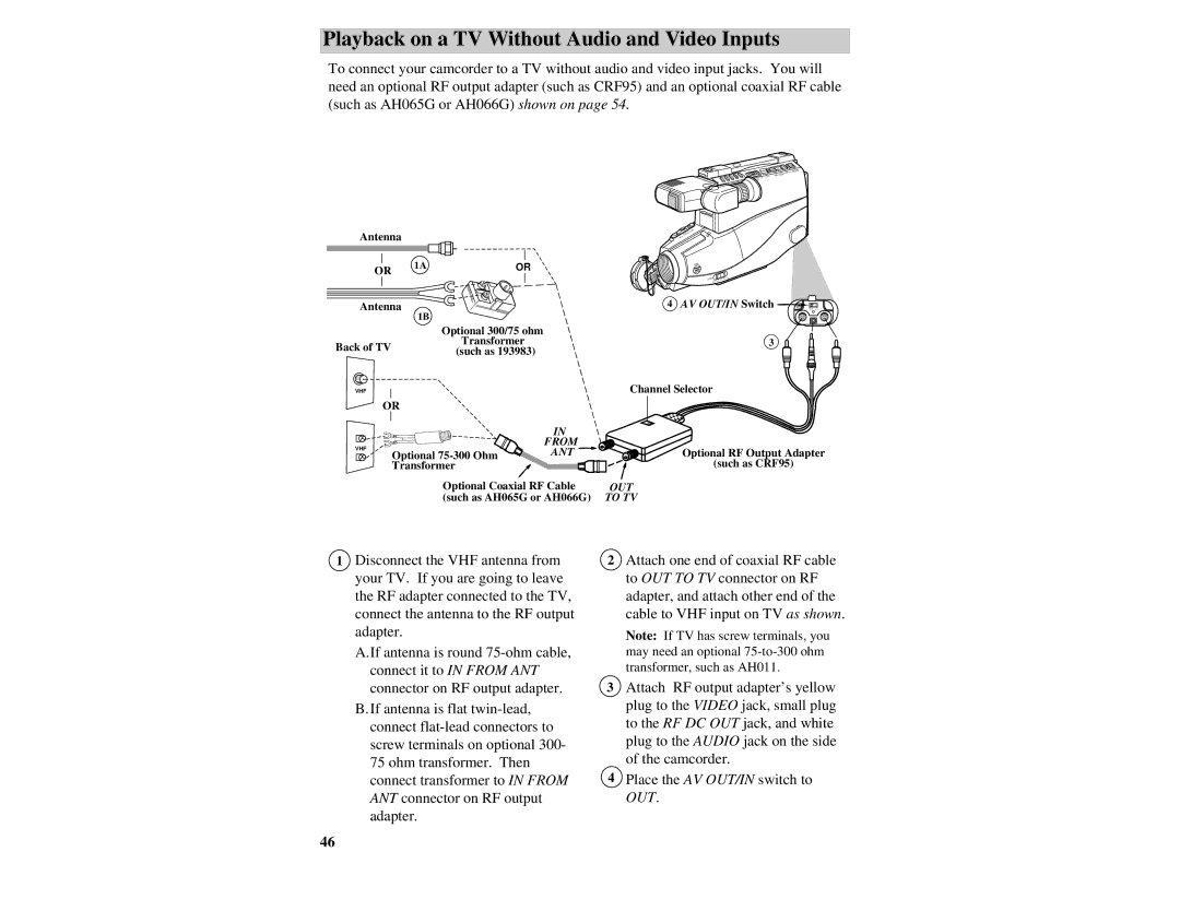 RCA CC632 manual Playback on a TV Without Audio and Video Inputs, Antenna 