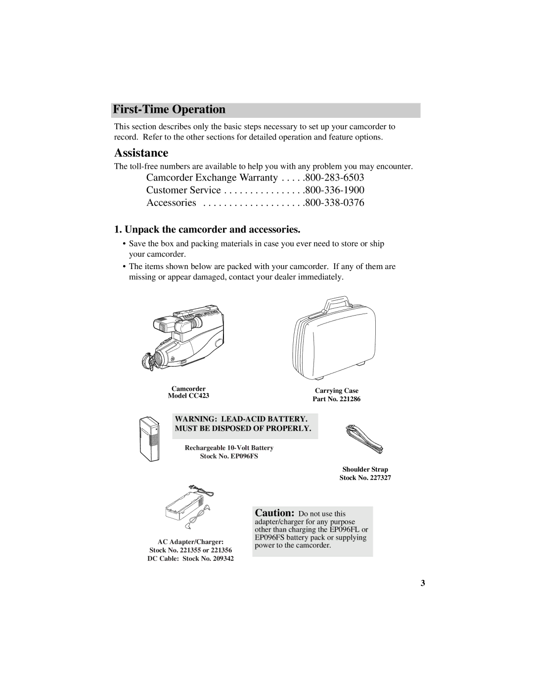 RCA CC632 manual First-Time Operation, Unpack the camcorder and accessories 