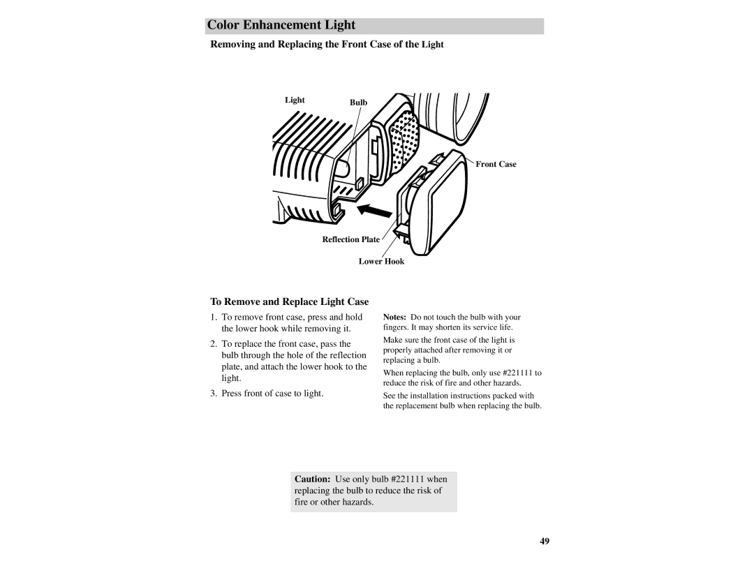 RCA CC632 manual Removing and Replacing the Front Case of the Light, To Remove and Replace Light Case 