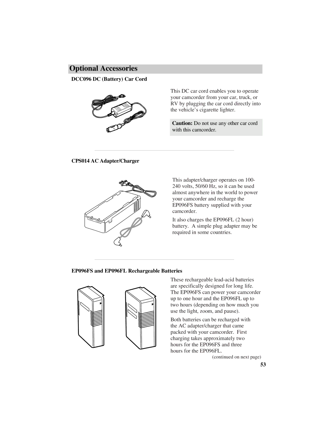 RCA CC632 manual DCC096 DC Battery Car Cord CPS014 AC Adapter/Charger, EP096FS and EP096FL Rechargeable Batteries 