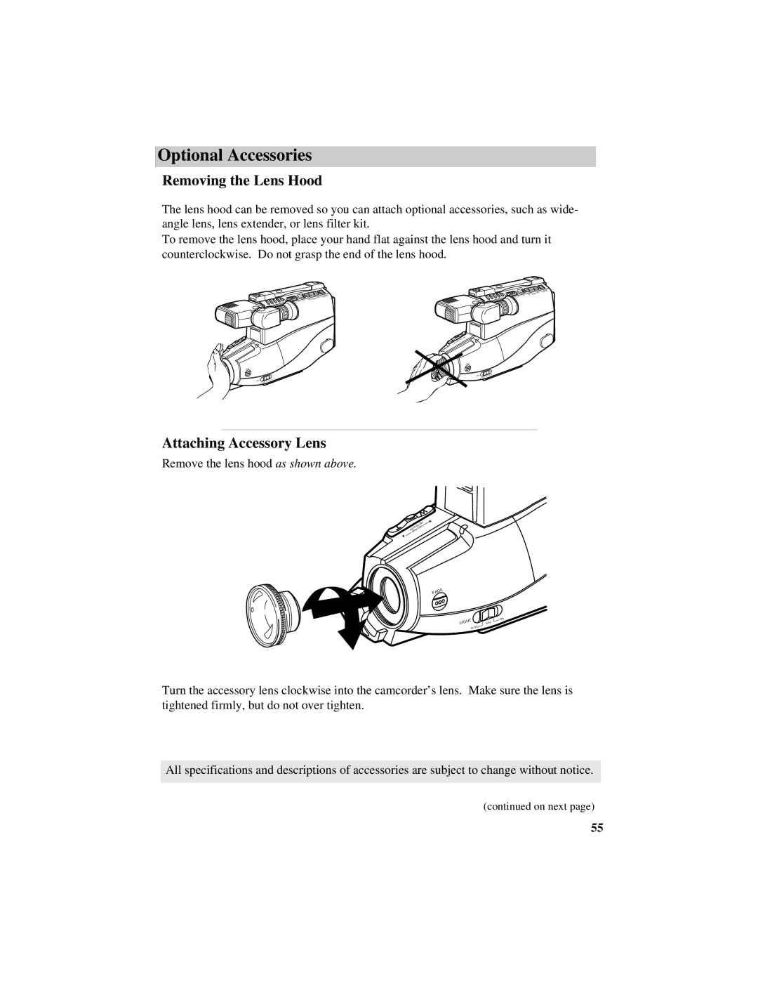 RCA CC632 manual Removing the Lens Hood, Attaching Accessory Lens 