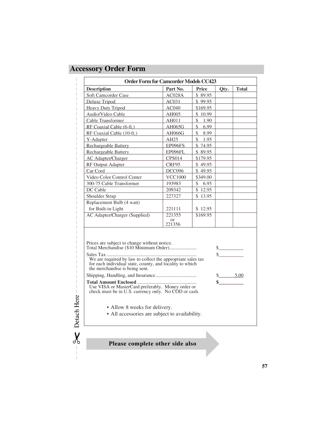 RCA CC632 manual Accessory Order Form, Please complete other side also, Order Form for Camcorder Models CC423 