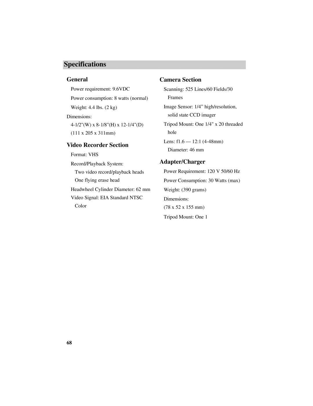 RCA CC632 manual Specifications, General, Video Recorder Section, Camera Section, Adapter/Charger 