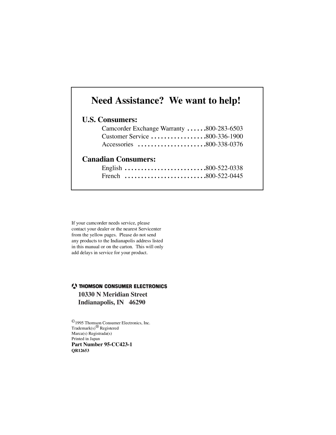 RCA CC632 manual Canadian Consumers, Customer Service Accessories, Meridian Street Indianapolis, Part Number 95-CC423-1 