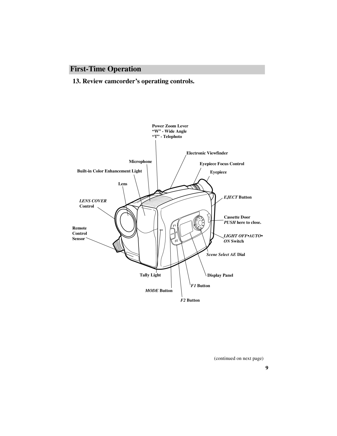 RCA CC634 manual Review camcorder’s operating controls 