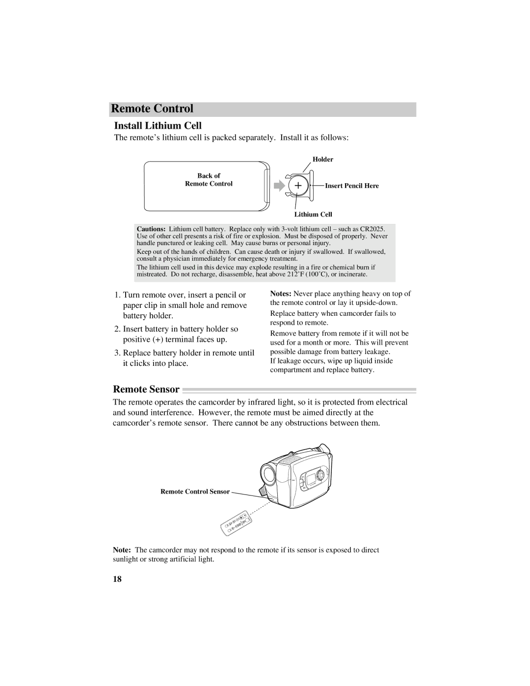 RCA CC634 manual Install Lithium Cell, Remote Sensor 