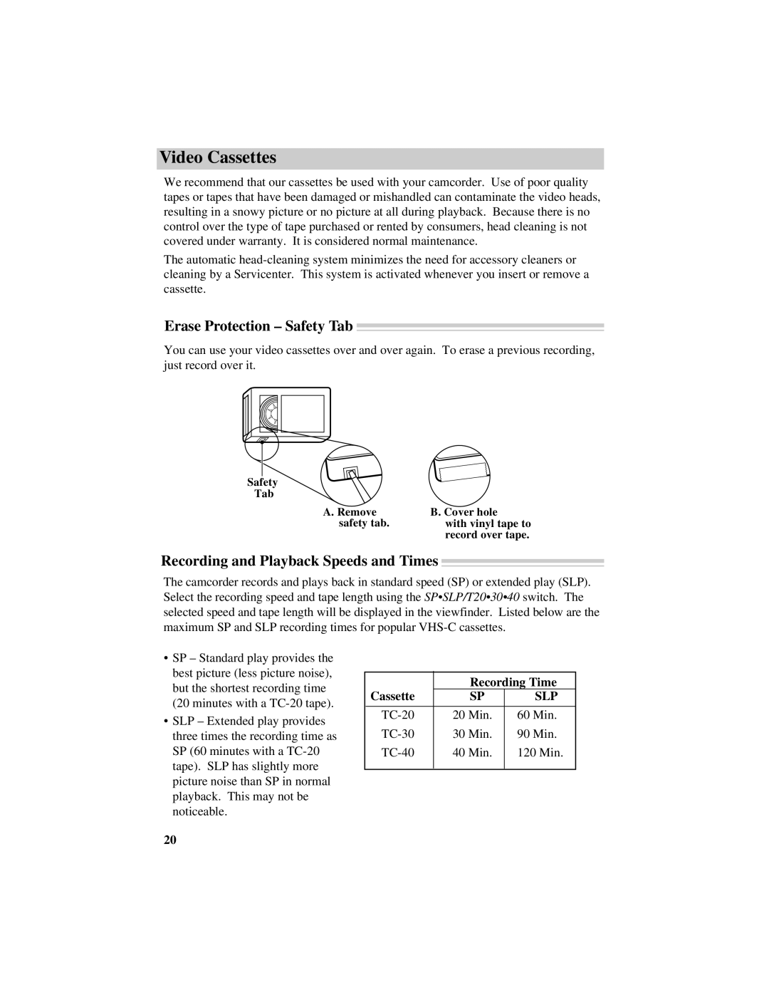 RCA CC634 Video Cassettes, Erase Protection Safety Tab, Recording and Playback Speeds and Times, Cassette Recording Time 