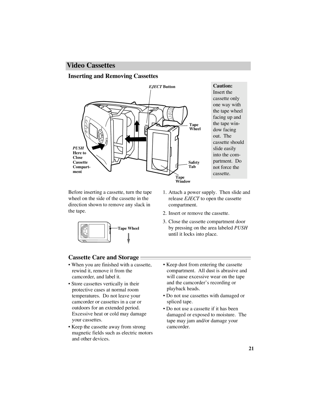 RCA CC634 manual Inserting and Removing Cassettes, Cassette Care and Storage 