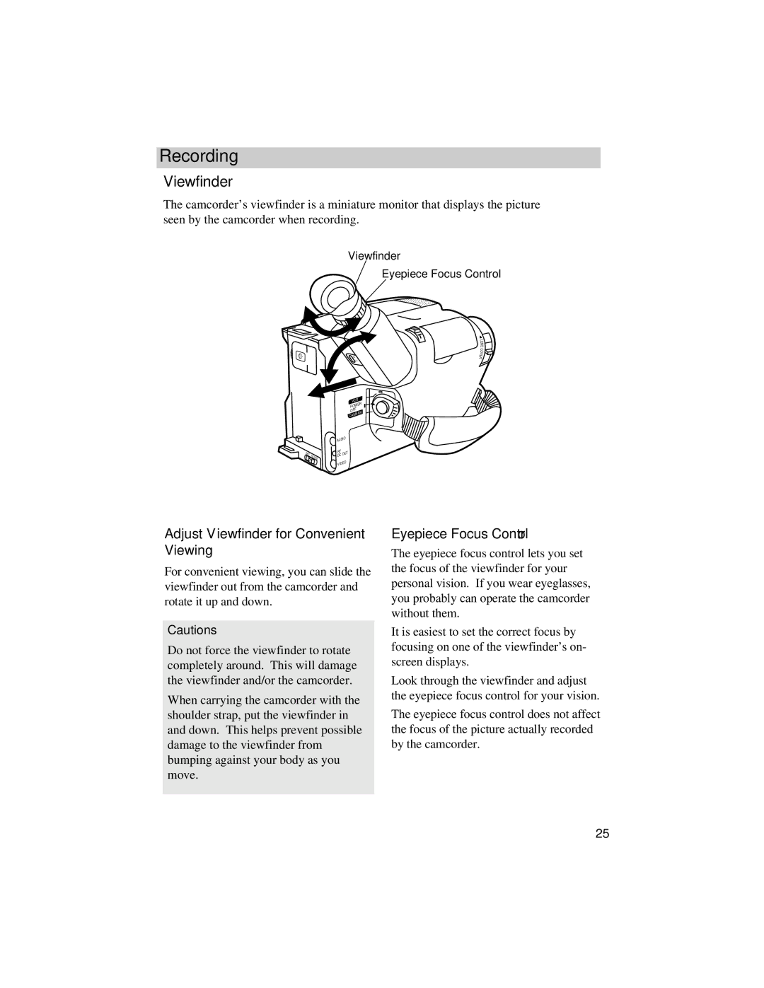 RCA CC634 manual Adjust Viewfinder for Convenient Viewing, Eyepiece Focus Control 