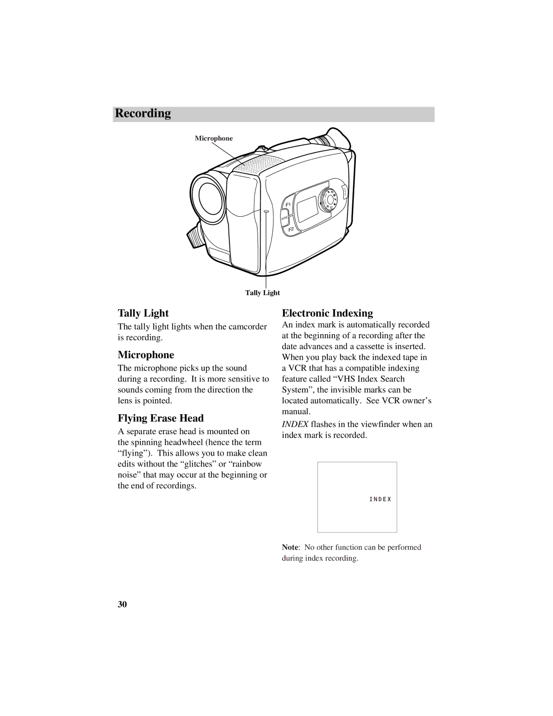 RCA CC634 manual Tally Light, Microphone, Flying Erase Head, Electronic Indexing 