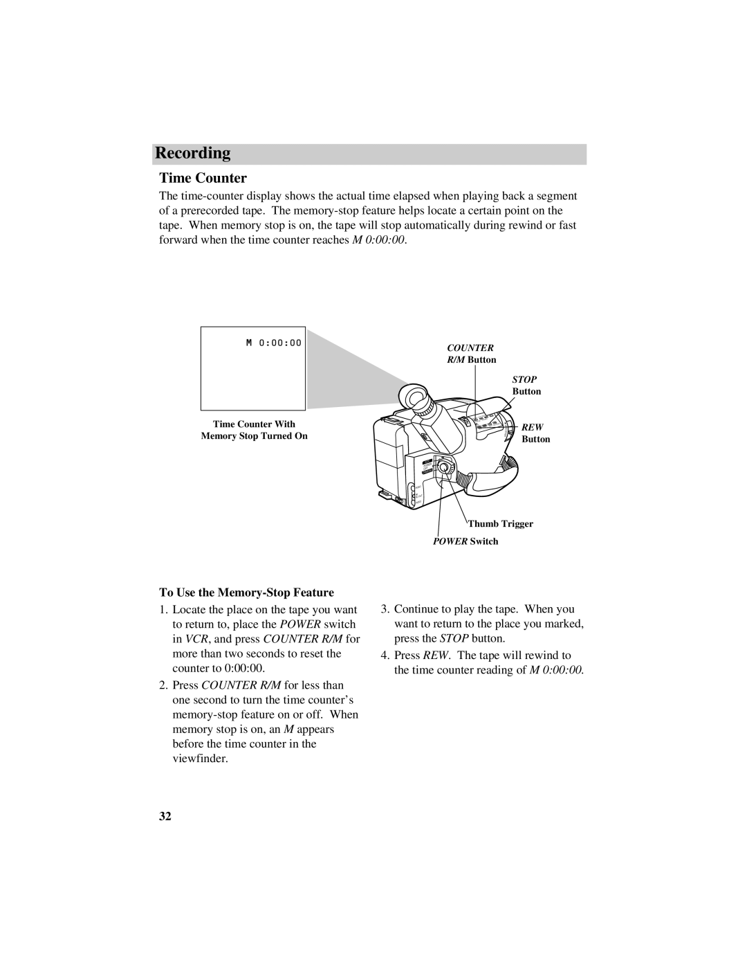 RCA CC634 manual Time Counter, To Use the Memory-Stop Feature 