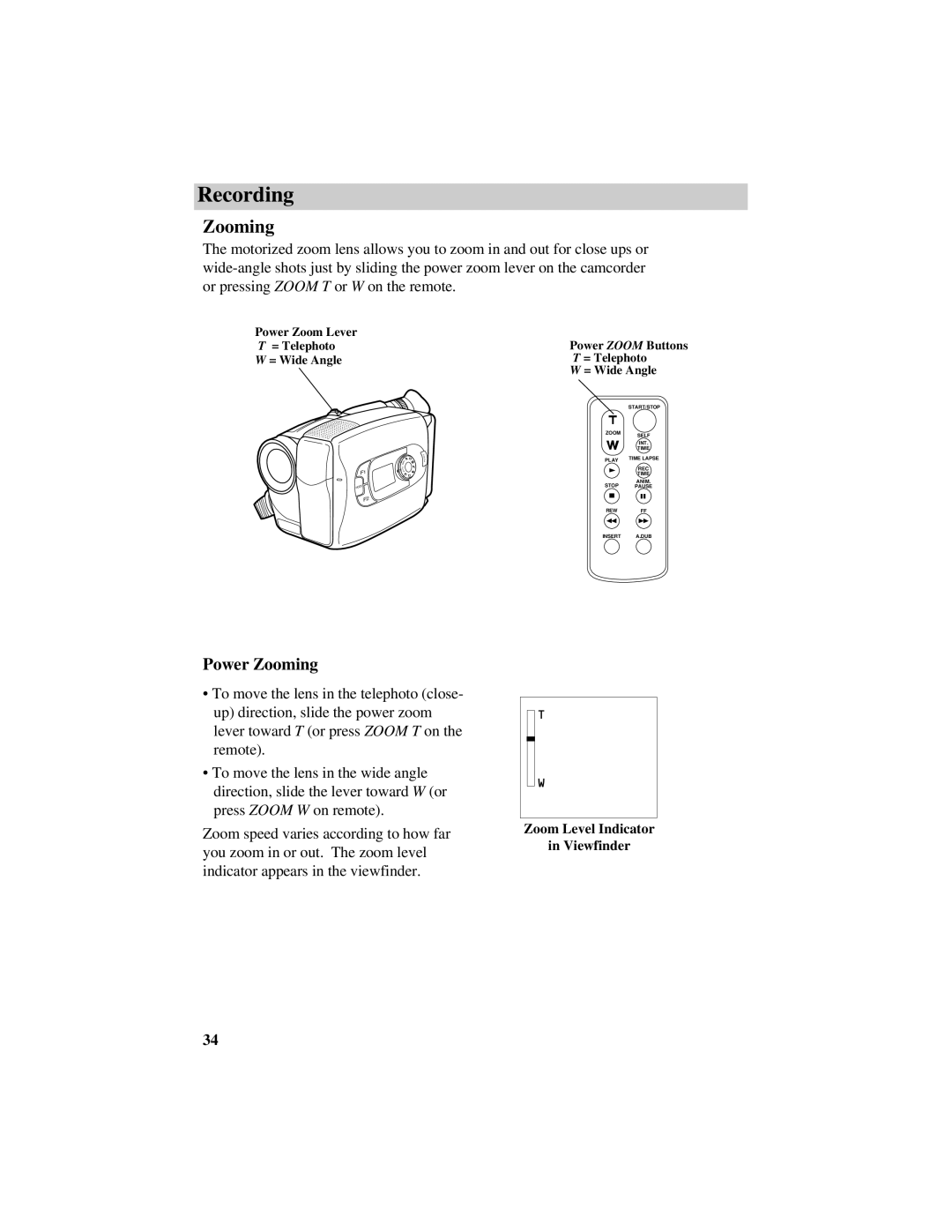 RCA CC634 manual Power Zooming 