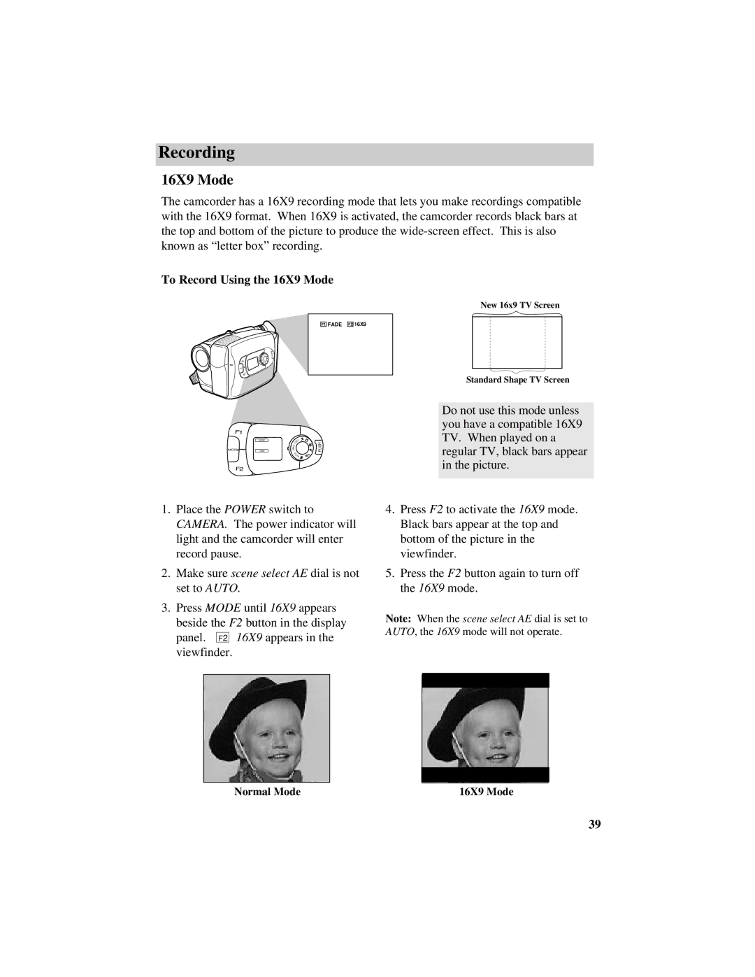 RCA CC634 manual To Record Using the 16X9 Mode 