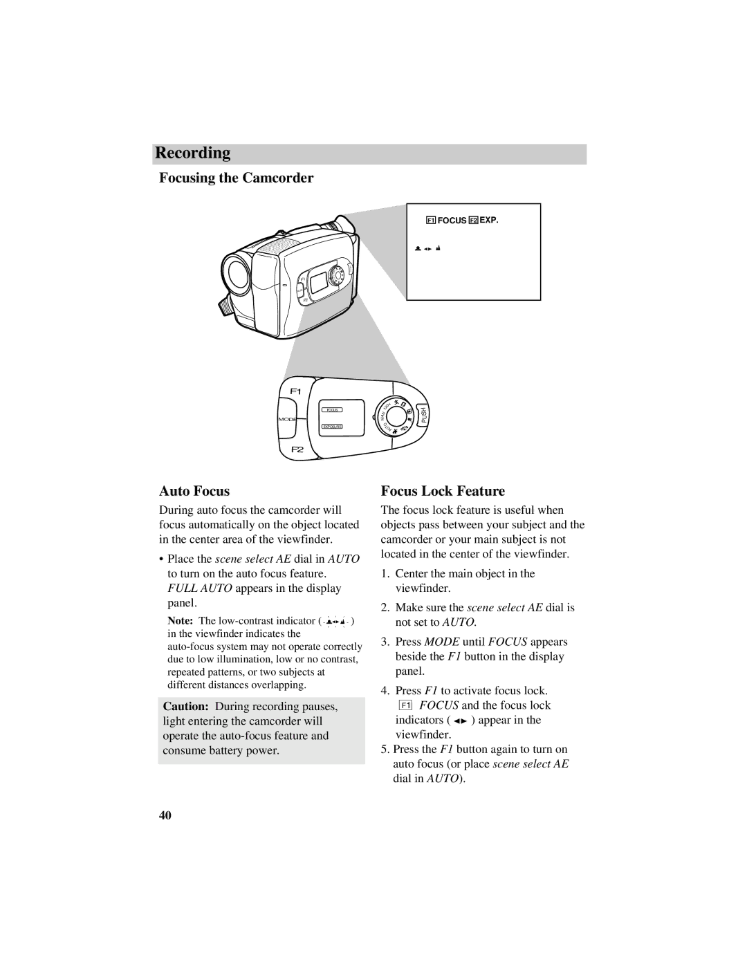 RCA CC634 manual Focusing the Camcorder, Auto Focus, Focus Lock Feature 