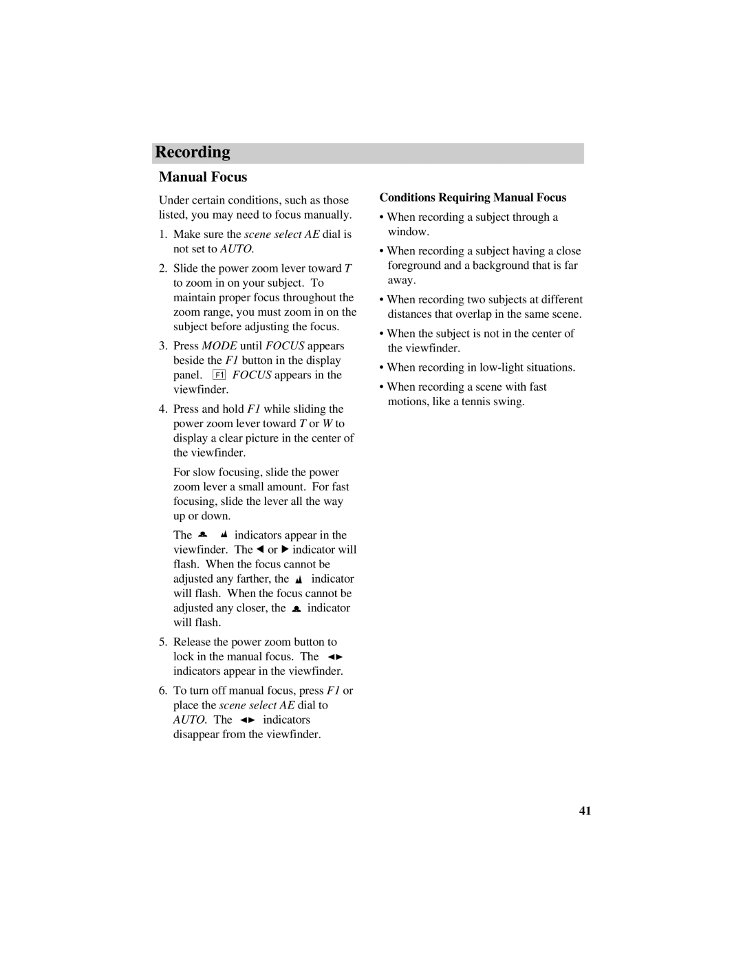 RCA CC634 manual Conditions Requiring Manual Focus 