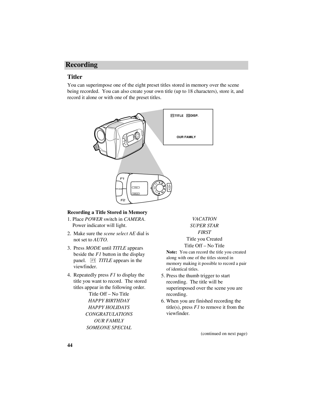 RCA CC634 manual Titler, Recording a Title Stored in Memory 