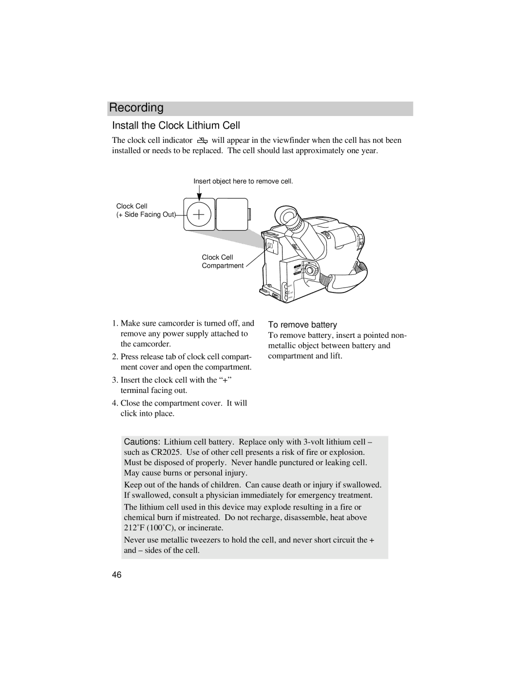 RCA CC634 manual Install the Clock Lithium Cell, To remove battery 