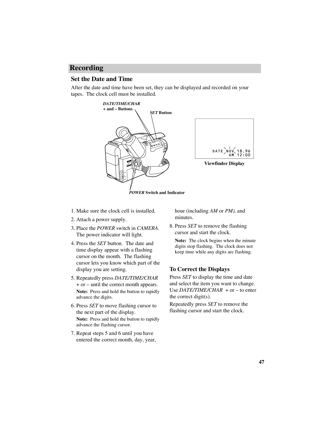 RCA CC634 manual Set the Date and Time, To Correct the Displays 