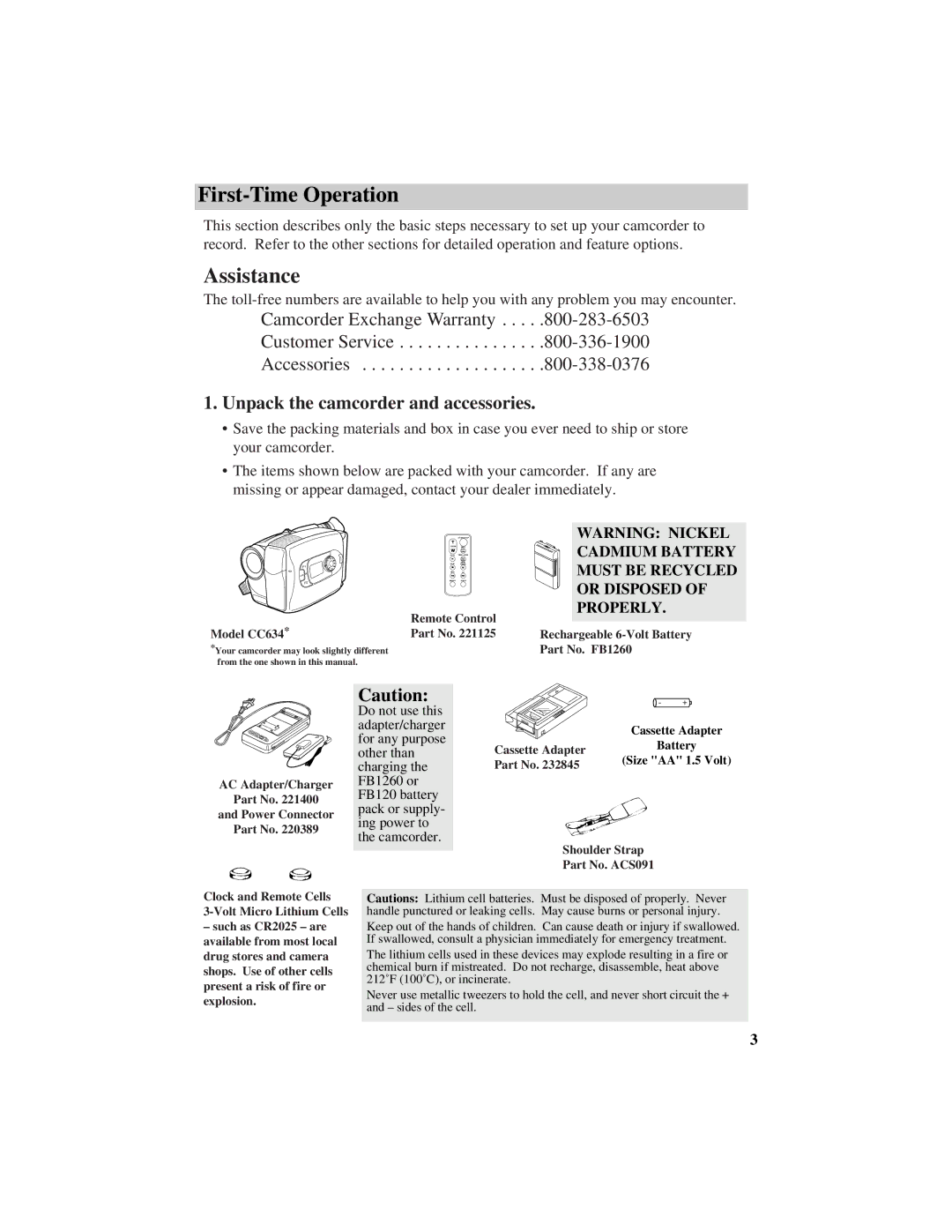 RCA CC634 manual First-Time Operation, Unpack the camcorder and accessories 