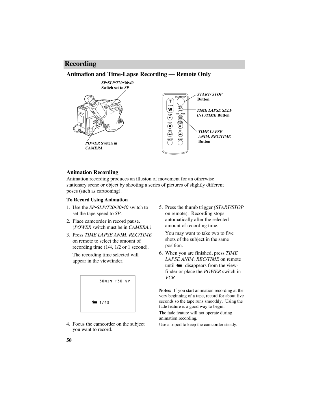 RCA CC634 manual Animation and Time-Lapse Recording Remote Only, Animation Recording, To Record Using Animation 