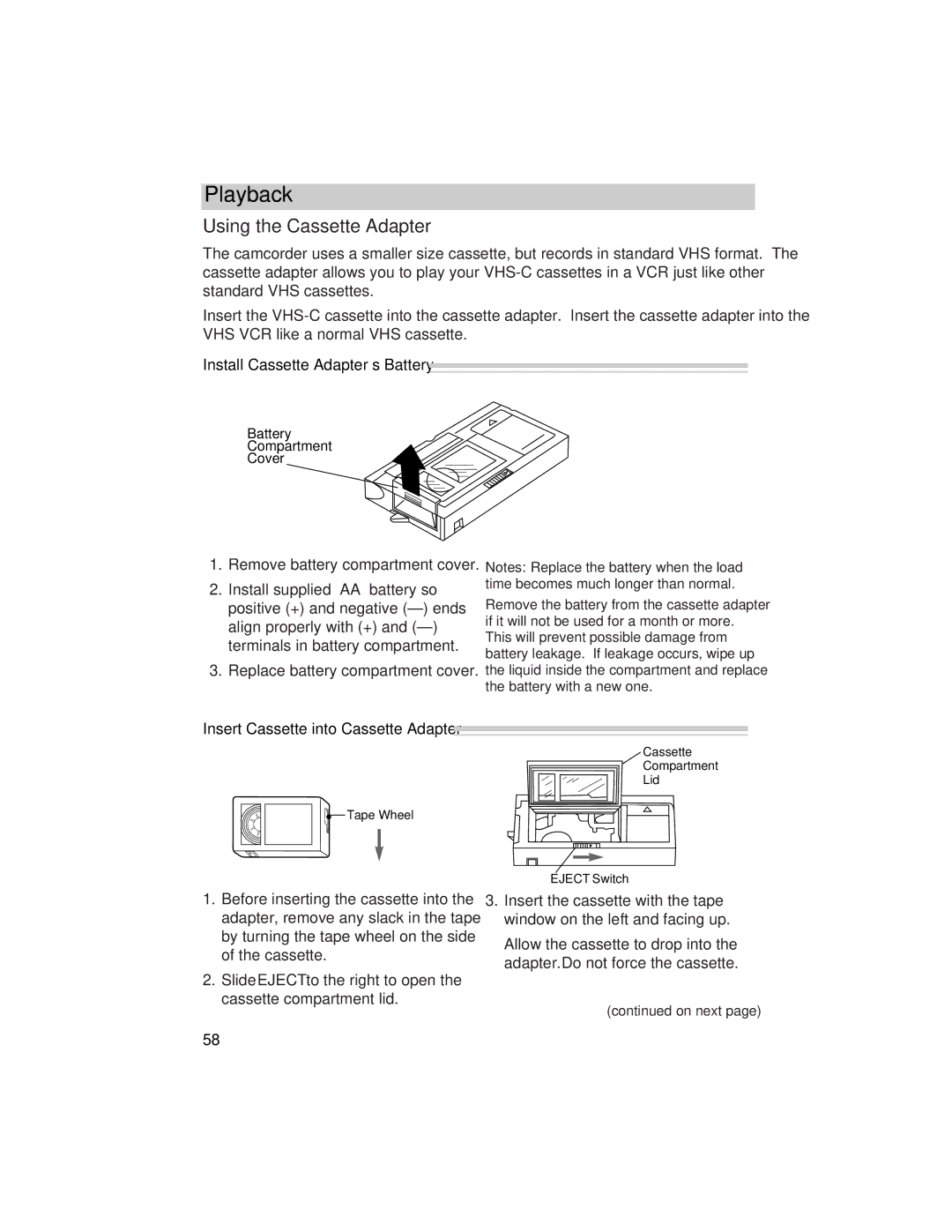 RCA CC634 manual Using the Cassette Adapter, Install Cassette Adapter’s Battery, Insert Cassette into Cassette Adapter 