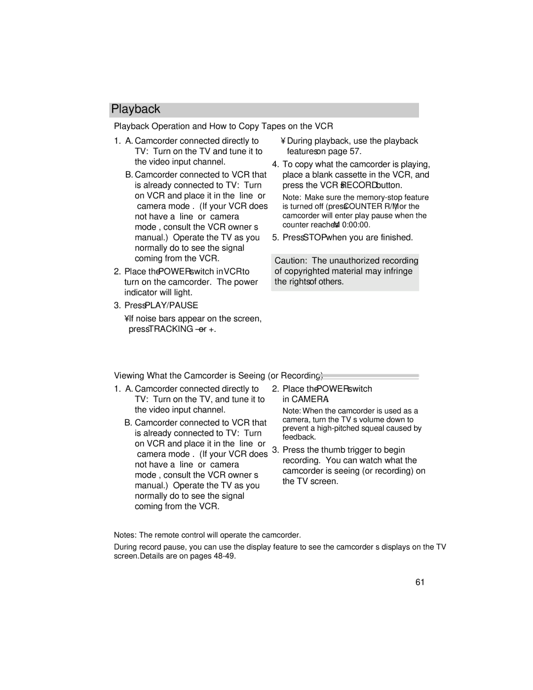 RCA CC634 manual Playback Operation and How to Copy Tapes on the VCR, Viewing What the Camcorder is Seeing or Recording 