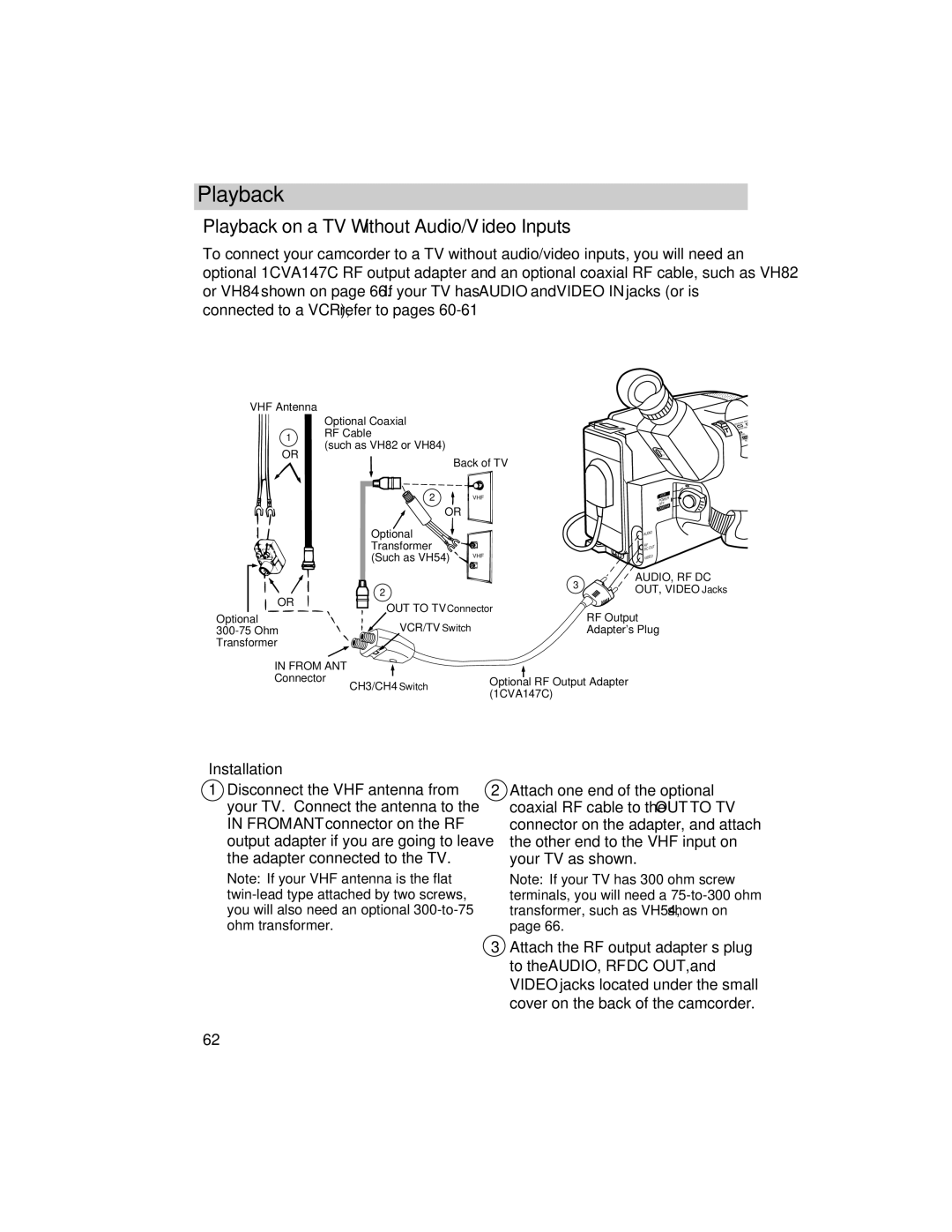 RCA CC634 manual Playback on a TV Without Audio/Video Inputs, Installation 