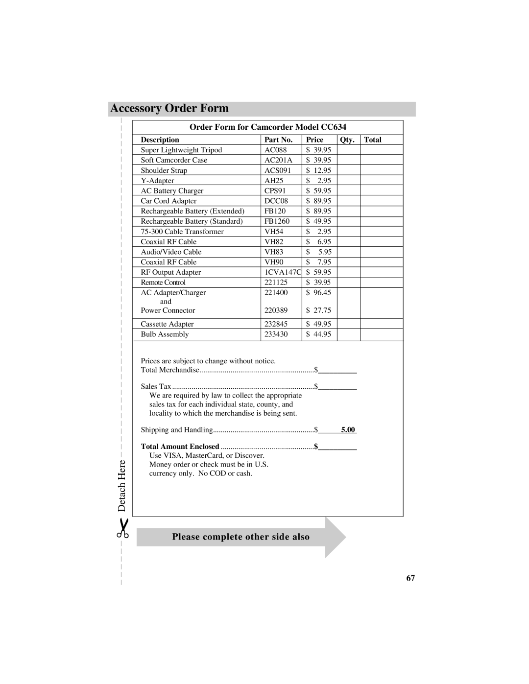 RCA manual Accessory Order Form, Please complete other side also, Order Form for Camcorder Model CC634 