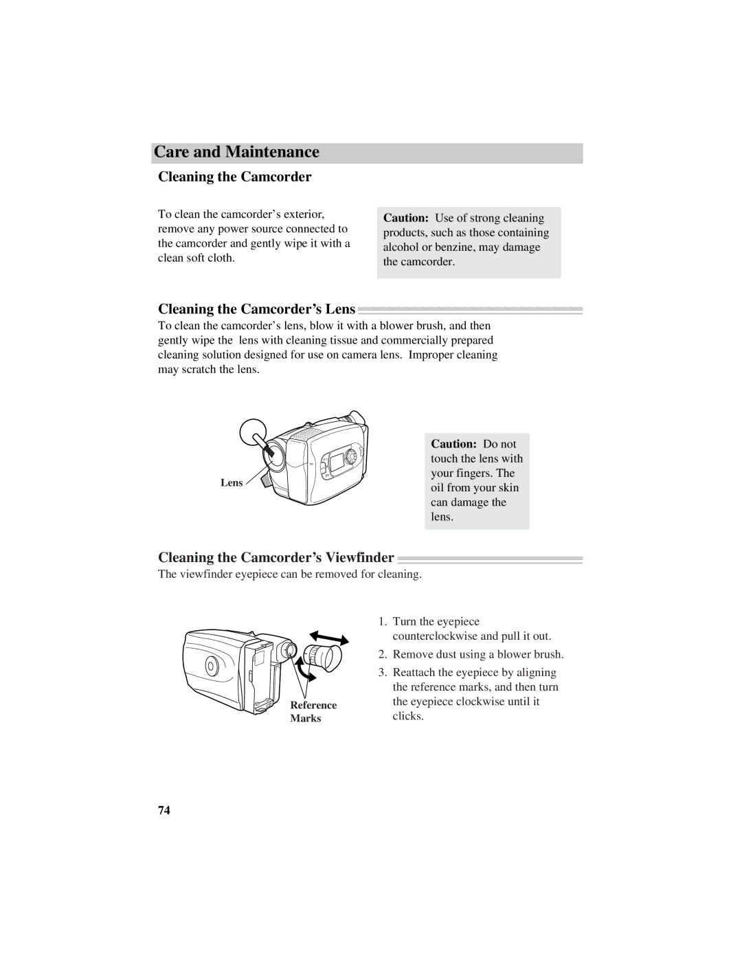 RCA CC634 manual Care and Maintenance, Cleaning the Camcorder’s Lens, Cleaning the Camcorder’s Viewfinder 