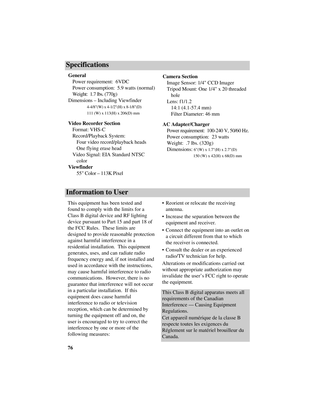 RCA CC634 manual Specifications, Information to User 