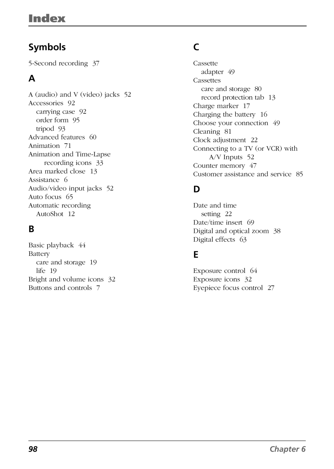 RCA CC6364/CC6374 manual Index, Symbols 