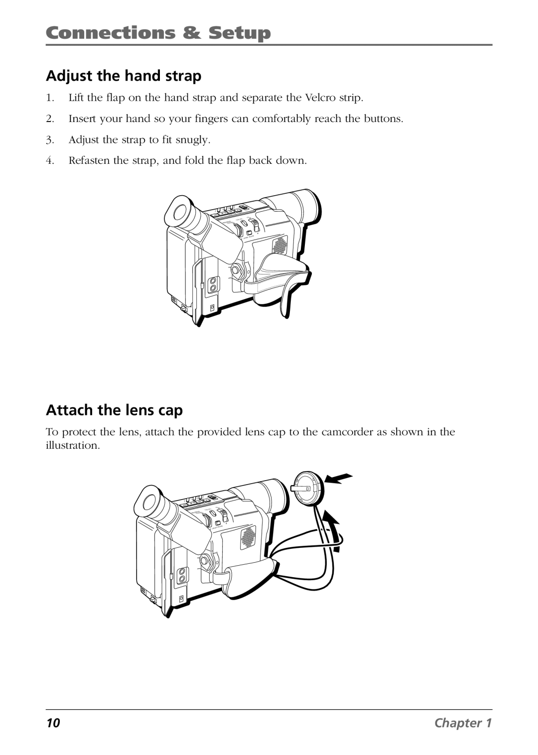 RCA CC6364/CC6374 manual Adjust the hand strap, Attach the lens cap 