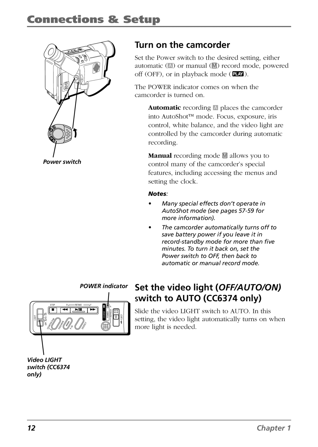 RCA CC6364/CC6374 manual Turn on the camcorder, Set the video light OFF/AUTO/ON Switch to Auto CC6374 only 