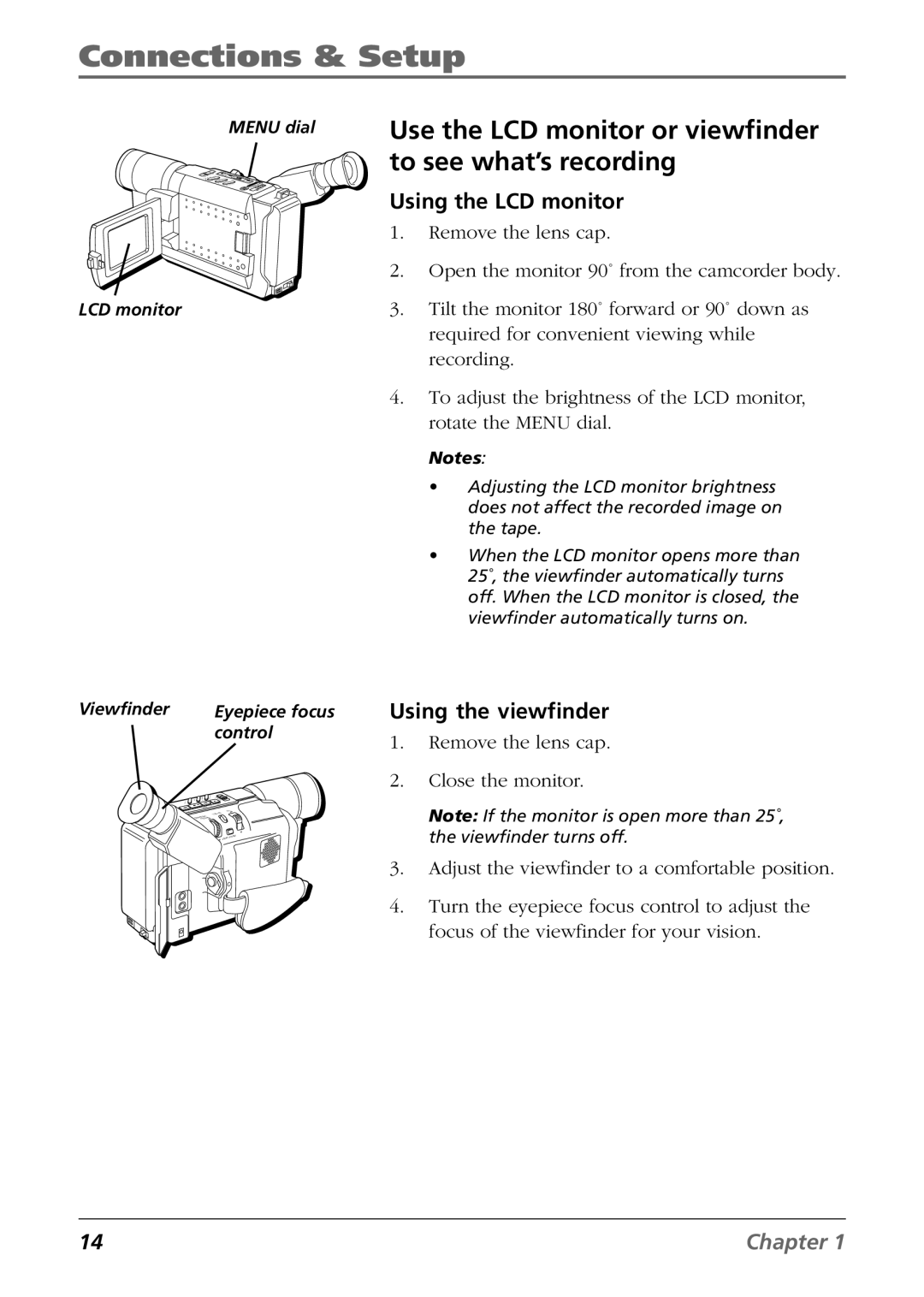 RCA CC6364/CC6374 Use the LCD monitor or viewfinder to see what’s recording, Using the LCD monitor, Using the viewfinder 