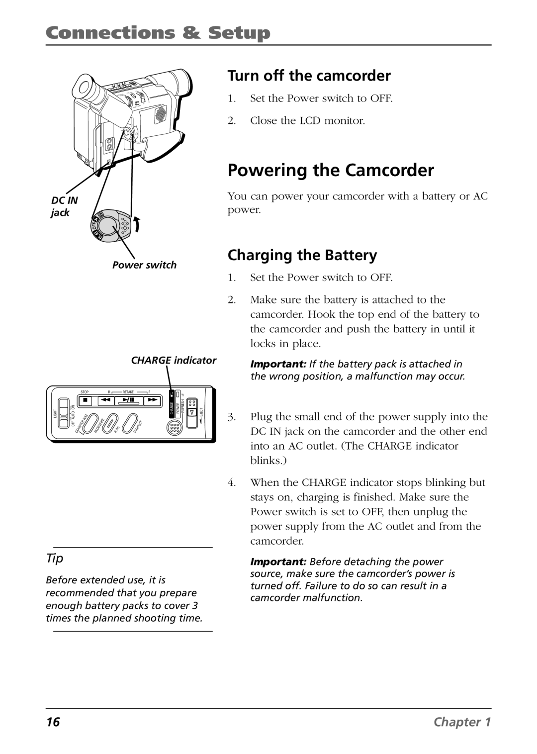 RCA CC6364/CC6374 manual Powering the Camcorder, Turn off the camcorder, Charging the Battery 