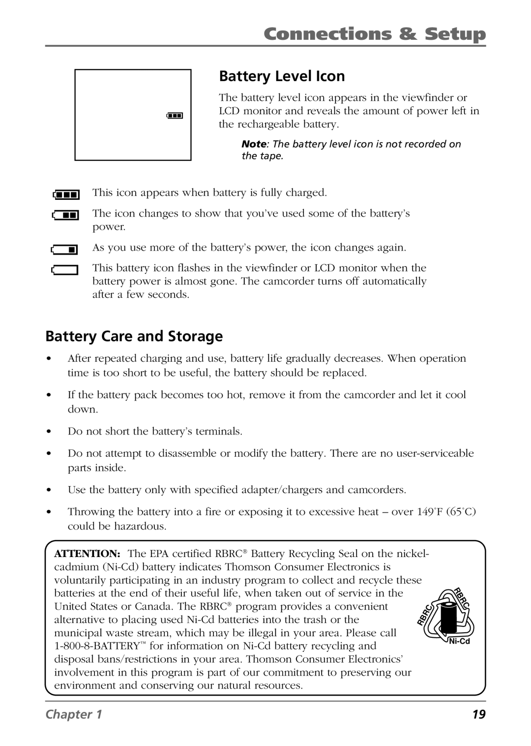 RCA CC6364/CC6374 manual Battery Level Icon, Battery Care and Storage 