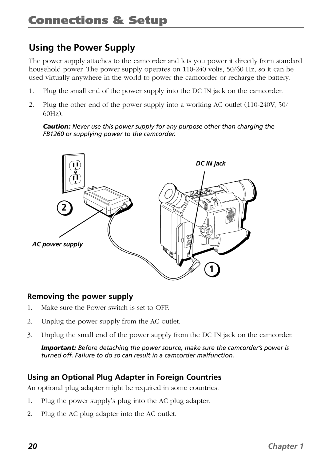 RCA CC6364/CC6374 Using the Power Supply, Removing the power supply, Using an Optional Plug Adapter in Foreign Countries 