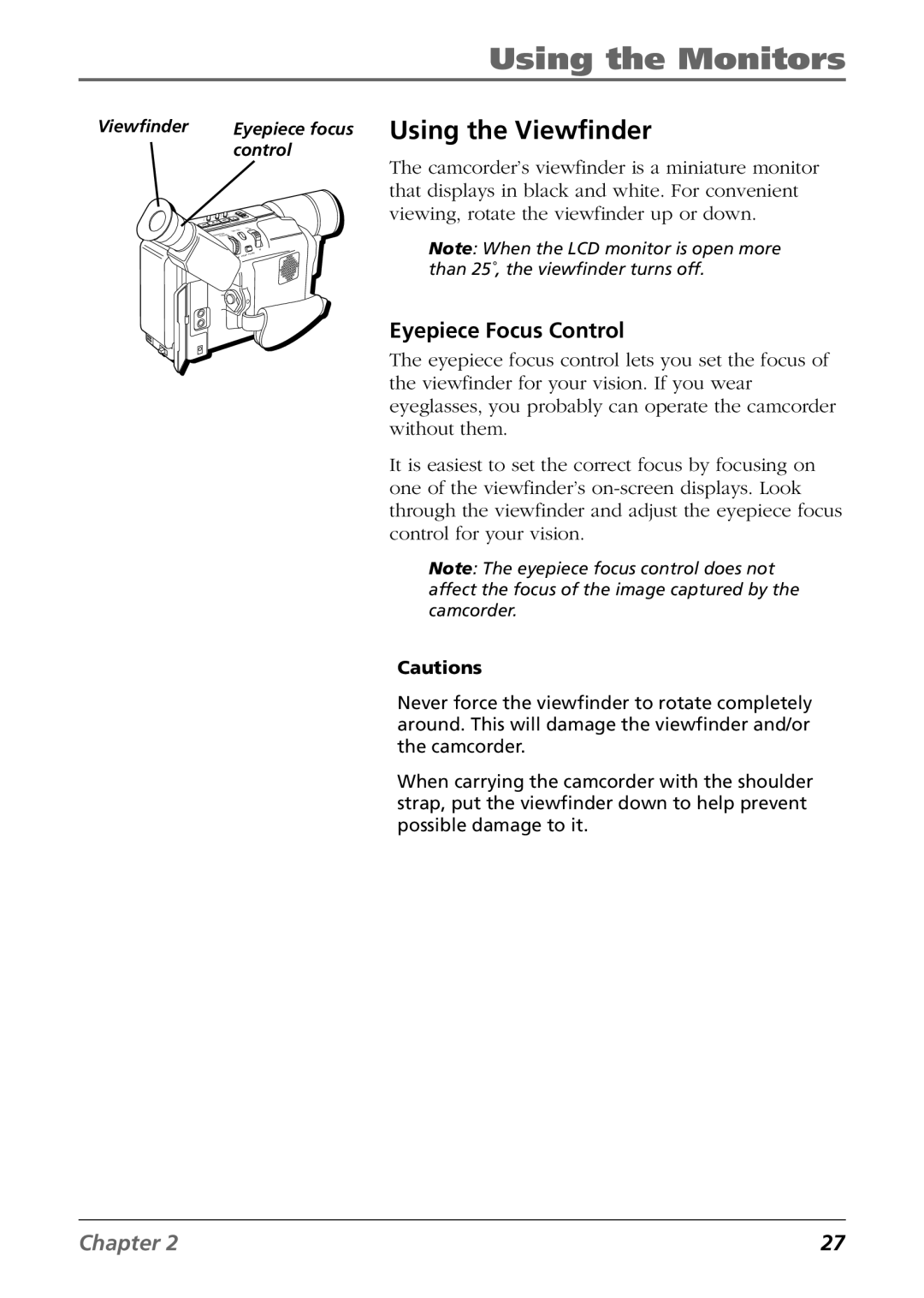 RCA CC6364/CC6374 manual Using the Viewfinder, Eyepiece Focus Control 