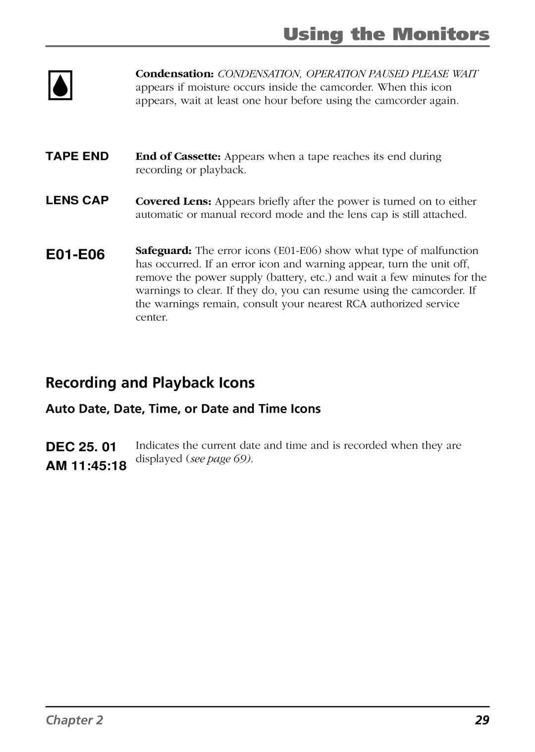 RCA CC6364/CC6374 manual Recording and Playback Icons, Auto Date, Date, Time, or Date and Time Icons DEC 25 