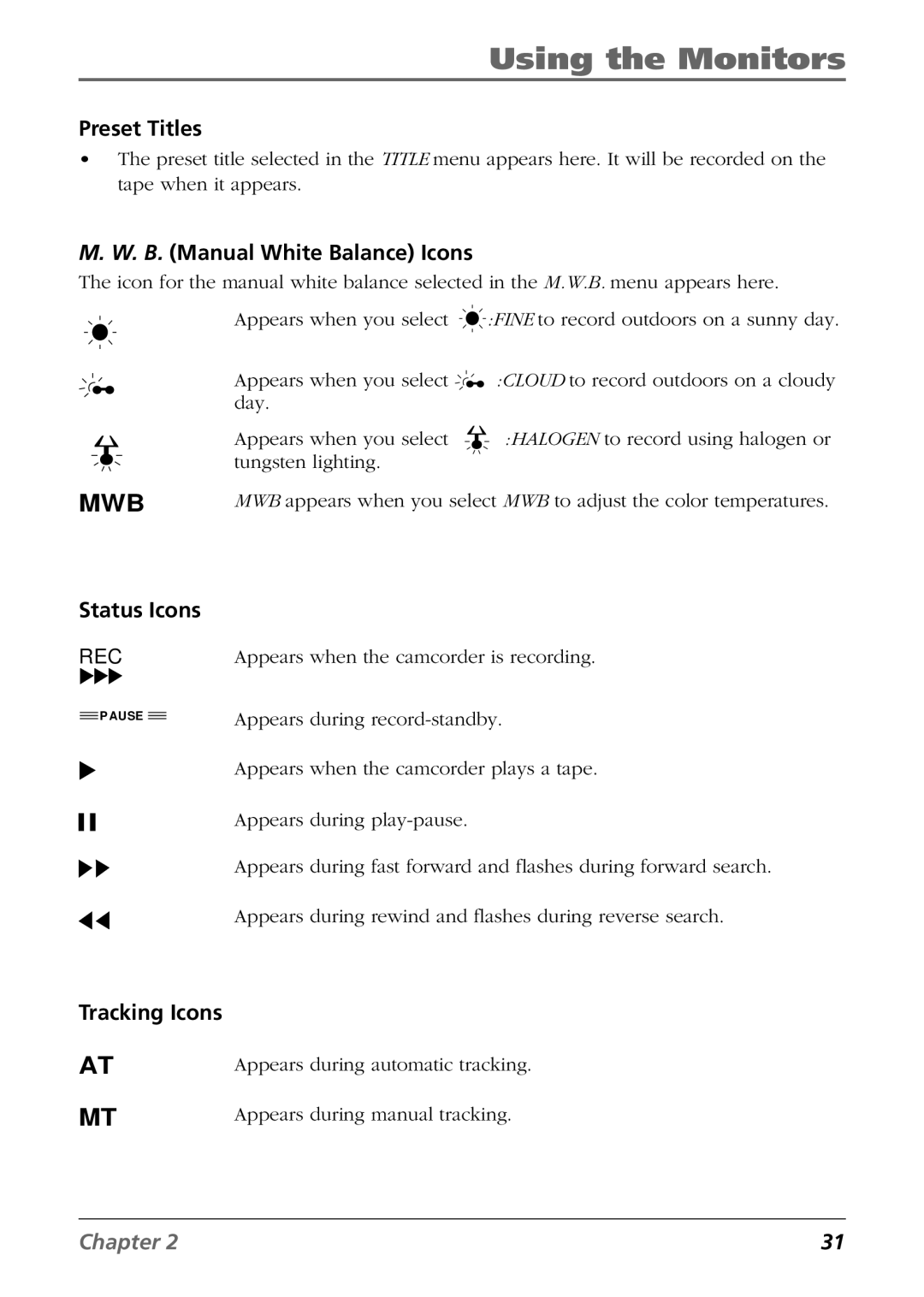 RCA CC6364/CC6374 manual Preset Titles, B. Manual White Balance Icons, Status Icons, Tracking Icons 