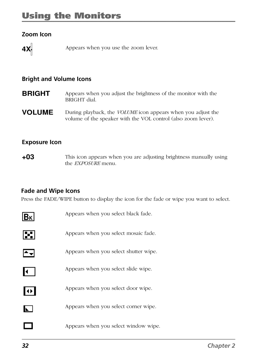 RCA CC6364/CC6374 manual Zoom Icon, Bright and Volume Icons, Exposure Icon, Fade and Wipe Icons 