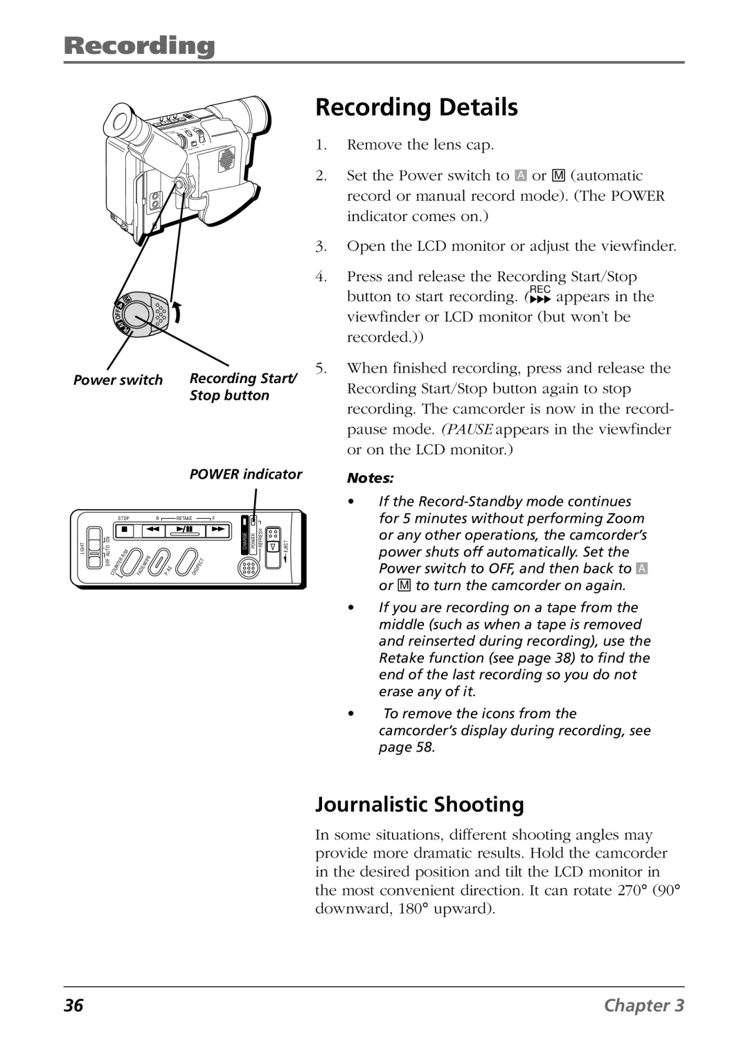 RCA CC6364/CC6374 manual Recording Details, Journalistic Shooting 