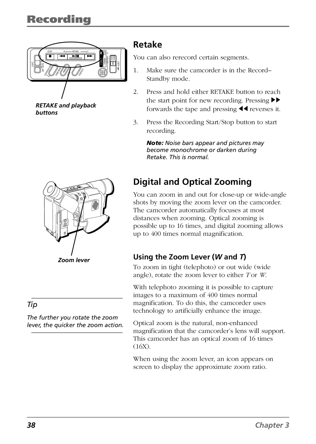 RCA CC6364/CC6374 manual Retake, Digital and Optical Zooming, Using the Zoom Lever W and T 