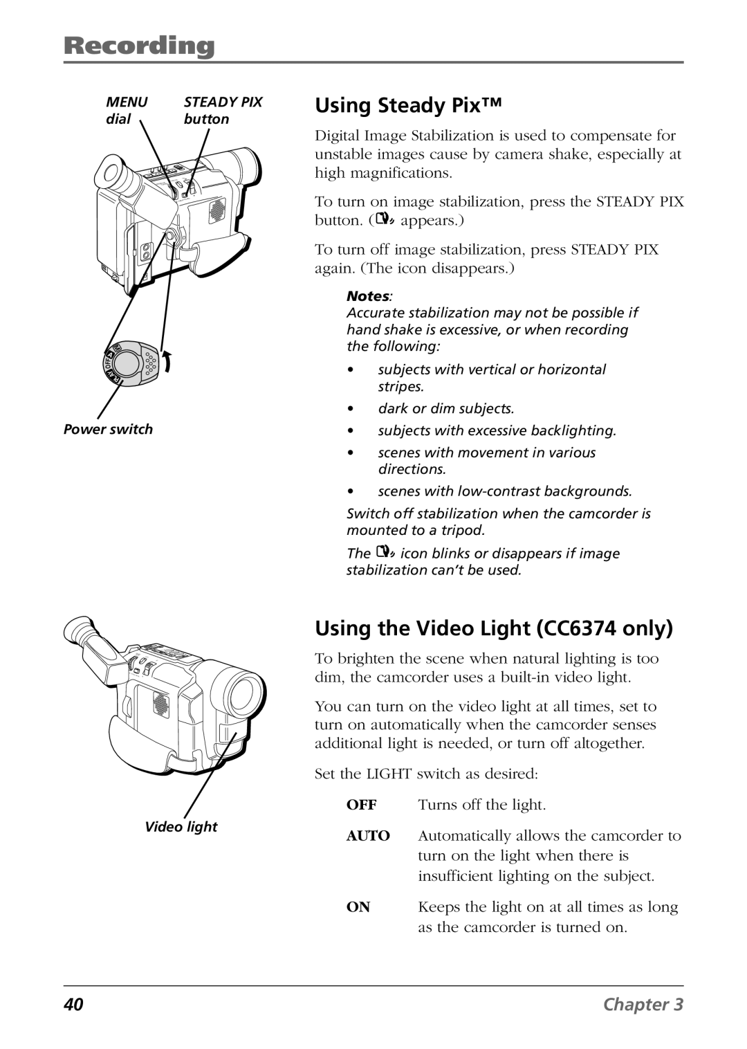 RCA CC6364/CC6374 manual Using Steady Pix, Using the Video Light CC6374 only 