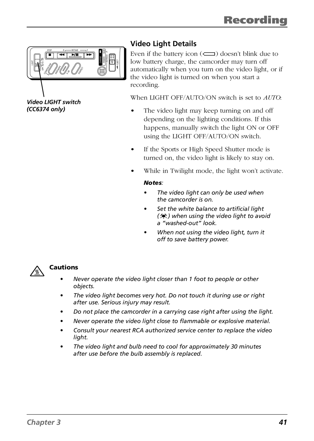 RCA CC6364/CC6374 manual Video Light Details 