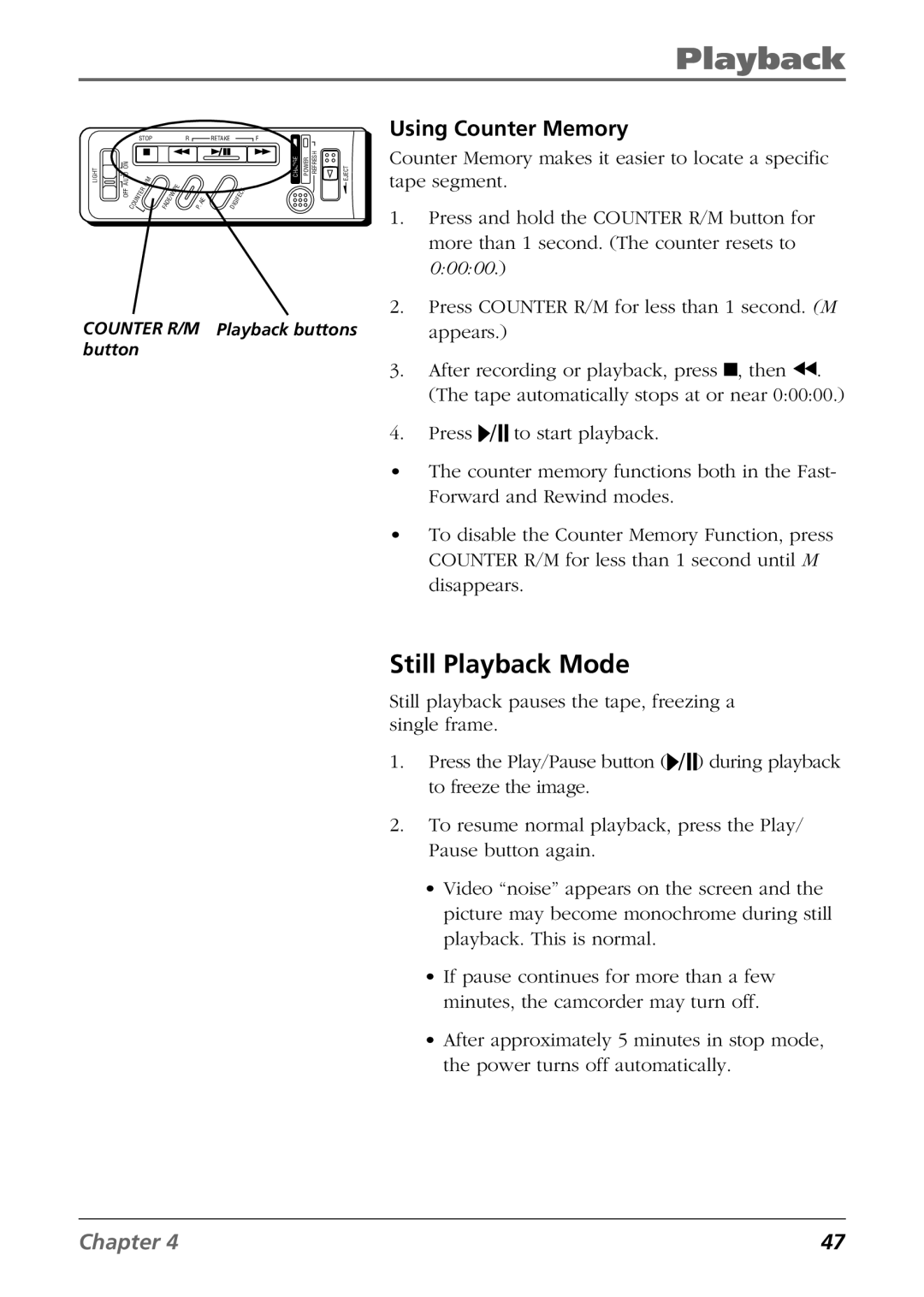 RCA CC6364/CC6374 manual Still Playback Mode, Using Counter Memory 