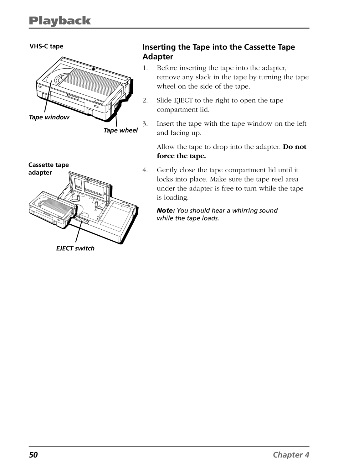 RCA CC6364/CC6374 manual Inserting the Tape into the Cassette Tape Adapter, Facing up 