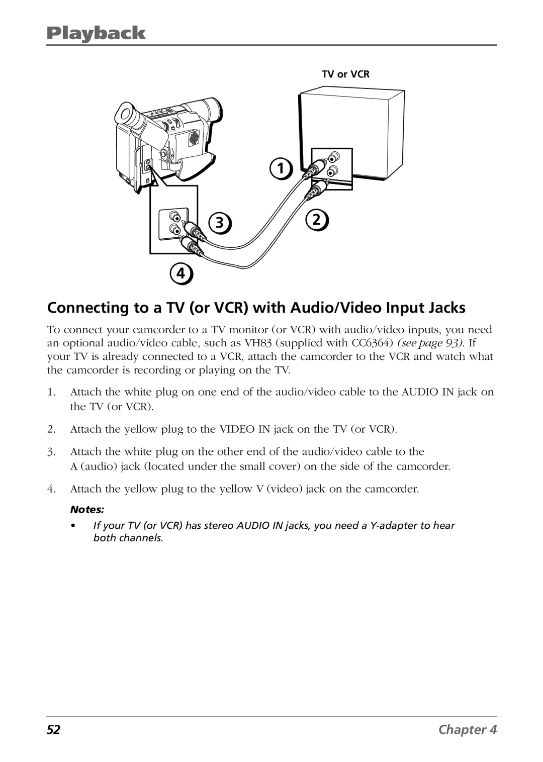 RCA CC6364/CC6374 manual Connecting to a TV or VCR with Audio/Video Input Jacks 